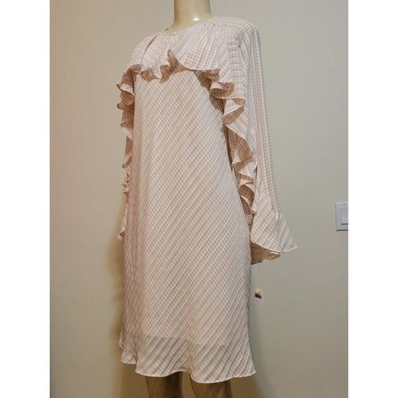 ANTHROPOLOGIE  Donna Morgan  Beige Plaid Long Sleeve Ruffles   Dress Size 4 #974 - Picture 2 of 10
